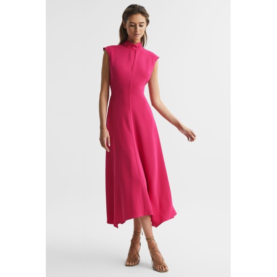 Reiss Bright Pink Livvy Open Back Midi Dress