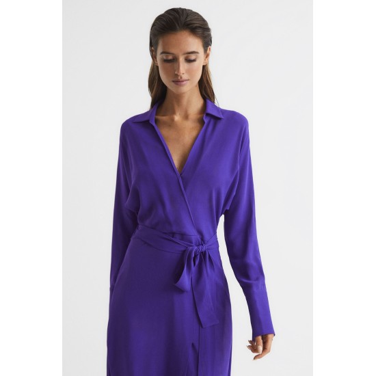 Reiss Purple Cecily Petite Wrap Shirt Midi Dress