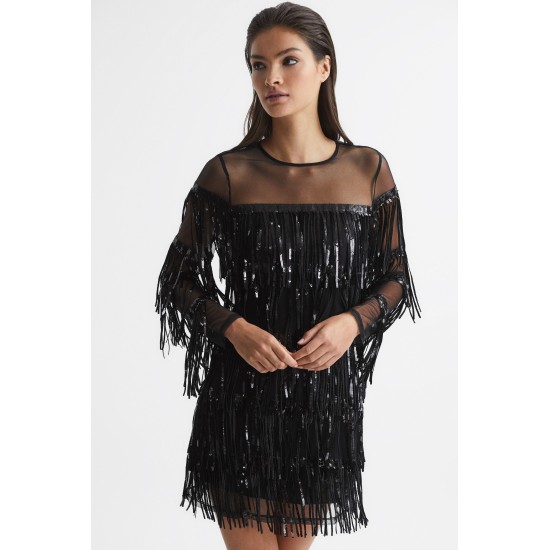 Reiss Black Josephine Fringe Sequin Sheer Mini Dress
