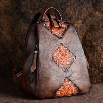 Women Retro Ethnic Color Blocking Embossing Leather Backpack