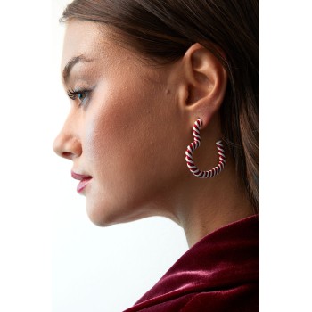 Red/White Christmas Candy Cane Heart Hoop Earrings