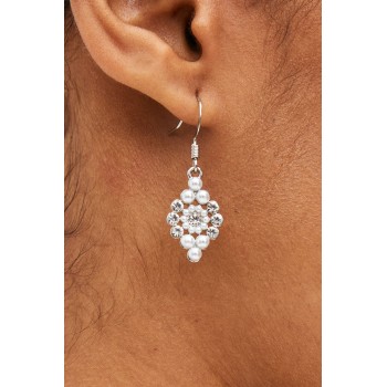 Silver Tone Pearl And Sparkle Teardrop Earrings