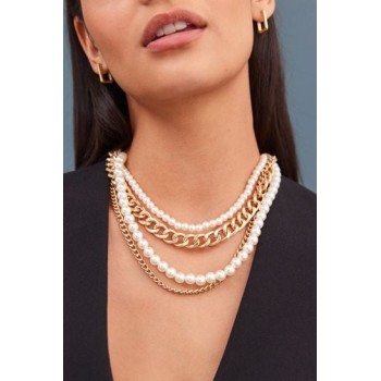 Gold Tone Pearl Chain Multi Layer Necklace